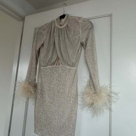 NWT Self-Portrait Embellished Mini Dress Cut-out Front Rhinestone Feather Trim - Picture 5 of 12
